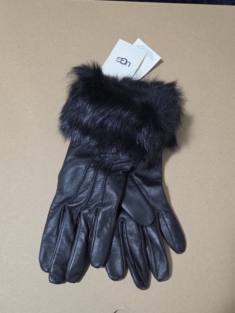 UGG Black Leather Gloves with Faux Fur Cuff